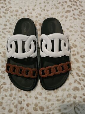 Hermes White & Suede Brown Chain Slide Sandals